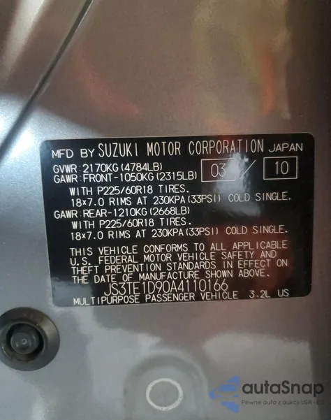 2010 Suzuki Grand Vitara Jlx z USA, uszkodzony, nr VIN JS3TE1D90A4110166